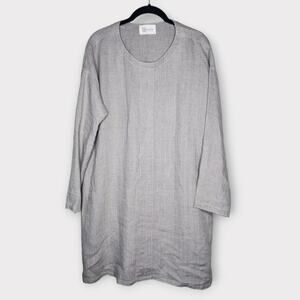 Linen Bee Long Sleeve Tunic Dress Pockets Gray Beige Lagenlook Women's Medium